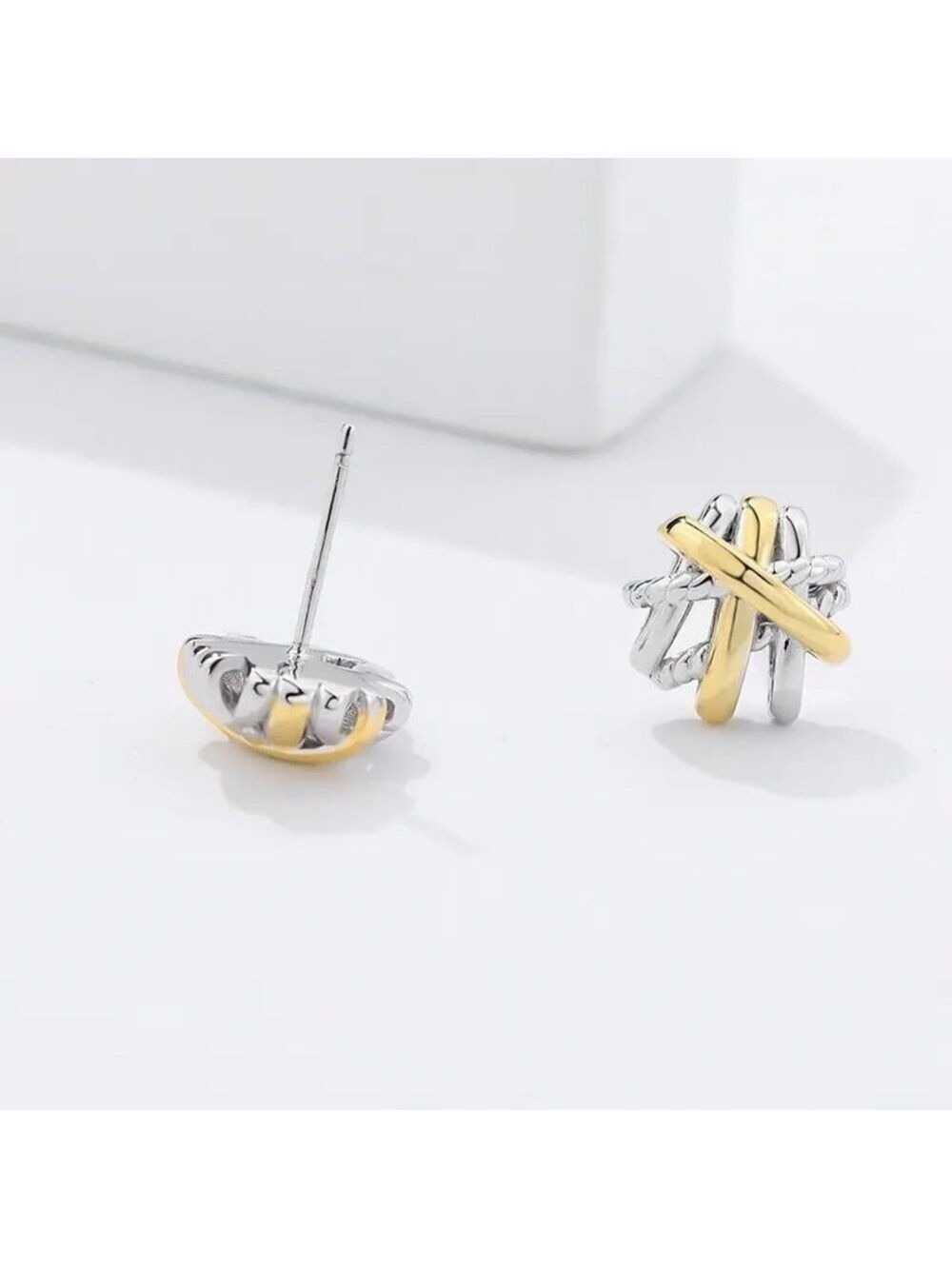 18k Gold Plated over 925 Sterling Silver Two-Tone Free Form Stud Earrings